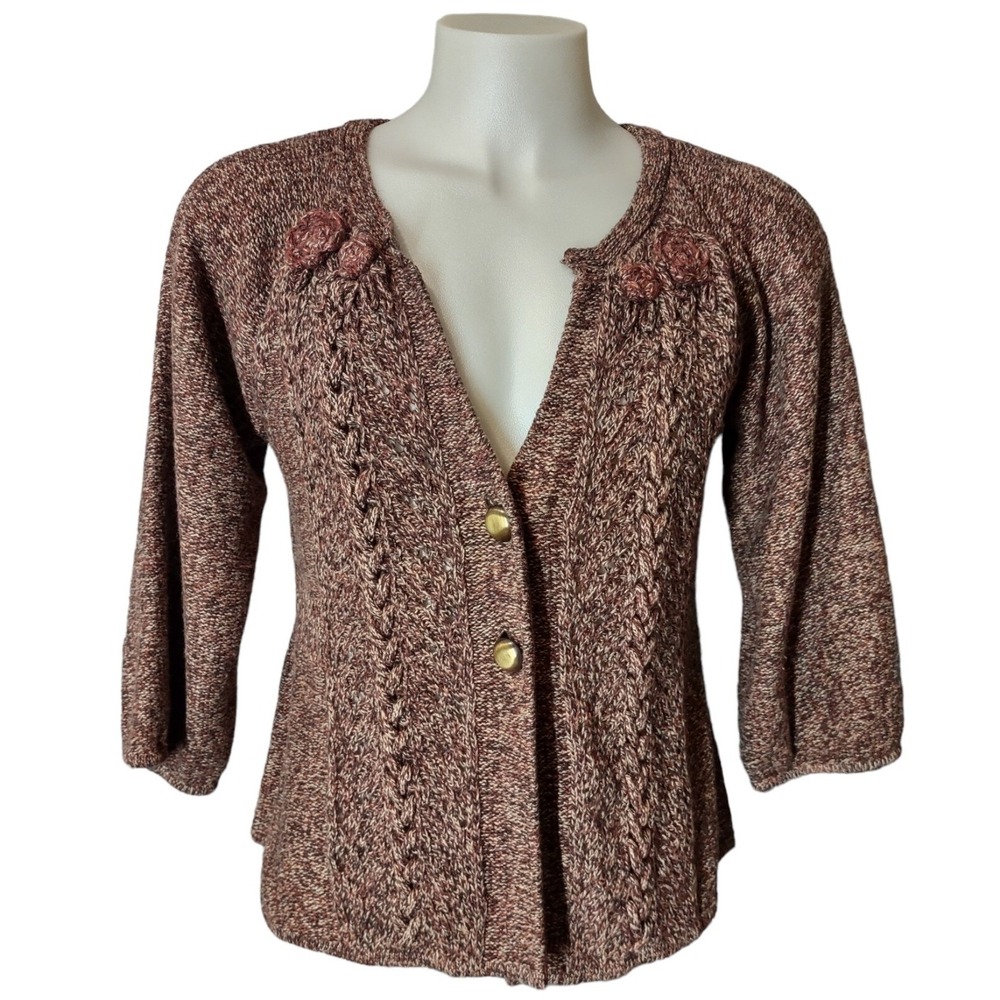 DKNY Jeans Cardigan Sweater Womens Large Brn. Cable Knit Retro Boho Cottage Core